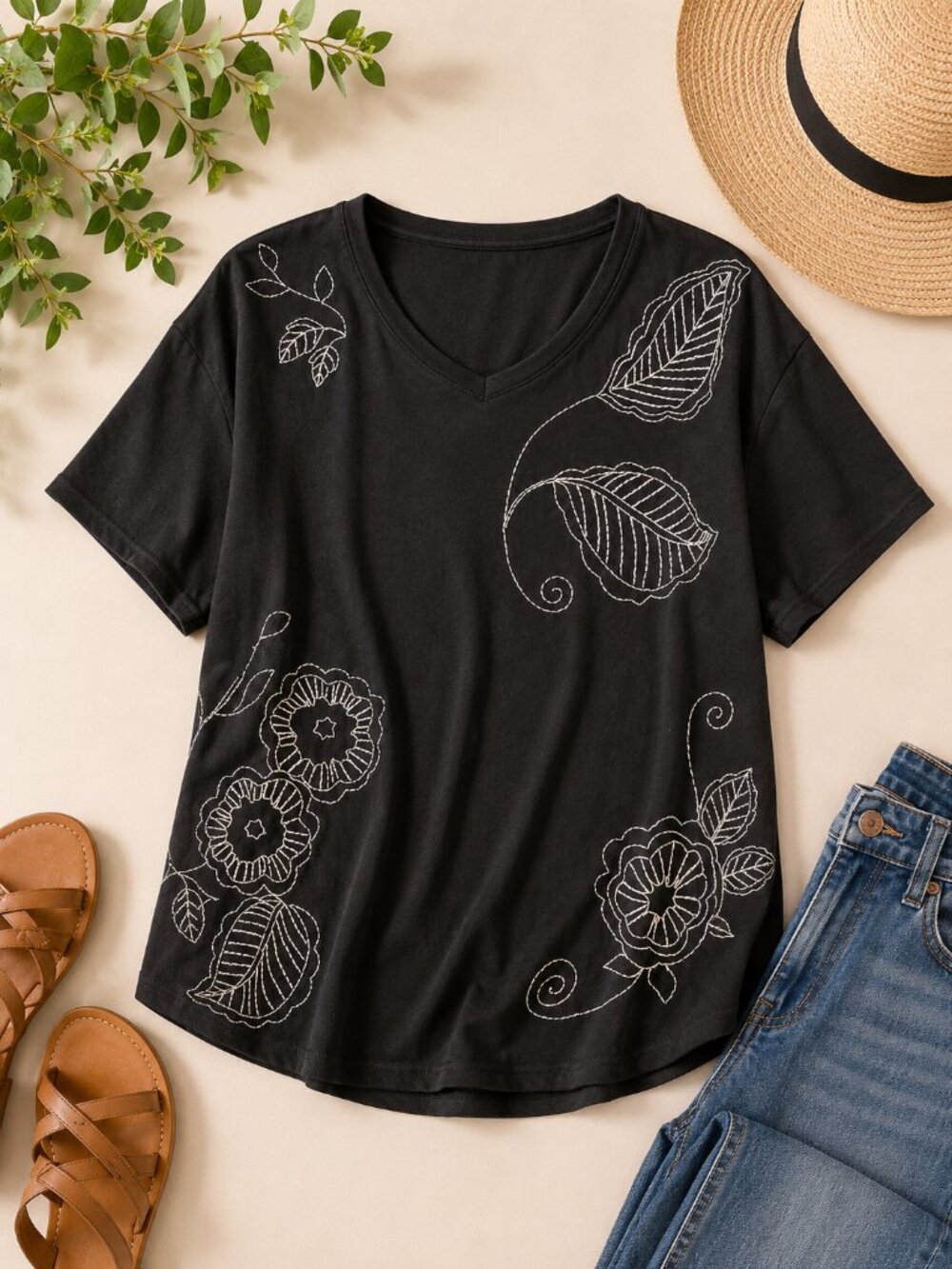 Decorated Originals Floral Embroidered Top XL Black Cotton Boho Cottagecore